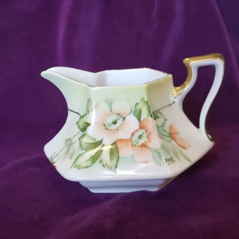 Vintage Hand-Painted Bavarian Floral Porcelain Creamer with Gold Trim